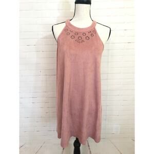 Paper Crane Petal Pink Floral Dress Romantic Keyhole M Scalloped Hem Faux Suede